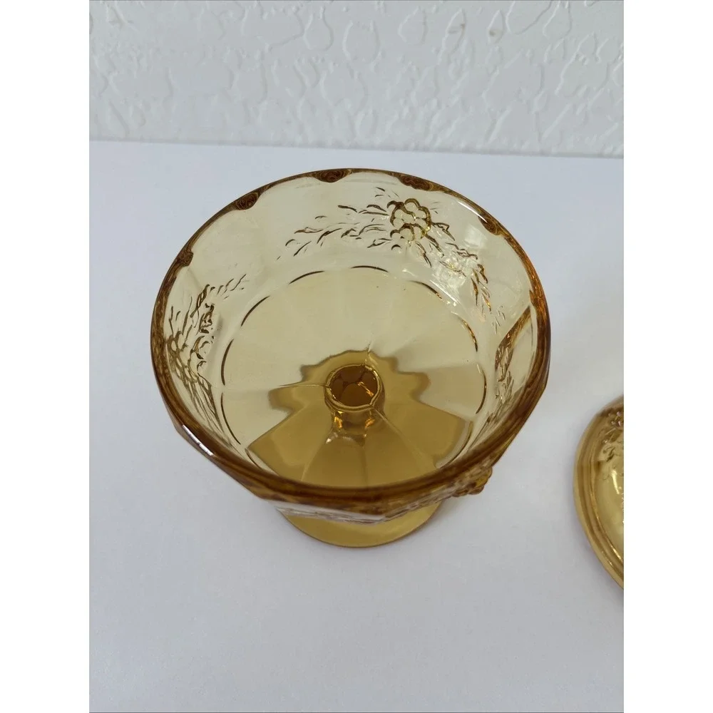 Vintage Amber Glass Candy Dish With Lid Pedestal